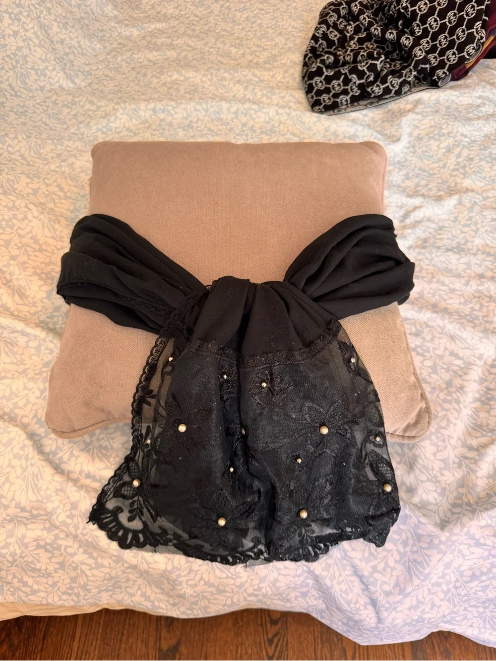 Black Lace Pearl Accent Scarf - Women Accessories
